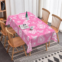 Aperturee - Aperturee Rose Pink Glowing Heart Butterfly Rectangle Tablecloth Soft Pastel Neon Design Romantic Kitchen Dining Decor