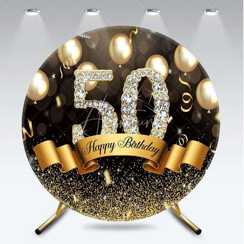Aperturee - Aperturee Round Backdrop 50th Birthday Gold Diamond Cover Black Balloons Shine Circle Background Adult Milestone Party