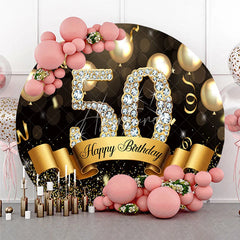 Aperturee - Aperturee Round Backdrop 50th Birthday Gold Diamond Cover Black Balloons Shine Circle Background Adult Milestone Party