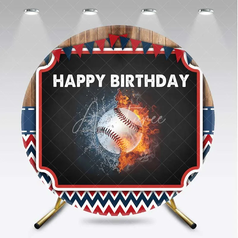 Aperturee - Aperturee Round Backdrop Baseball Happy Birthday Fire and Water Splash Sports Circle Cover