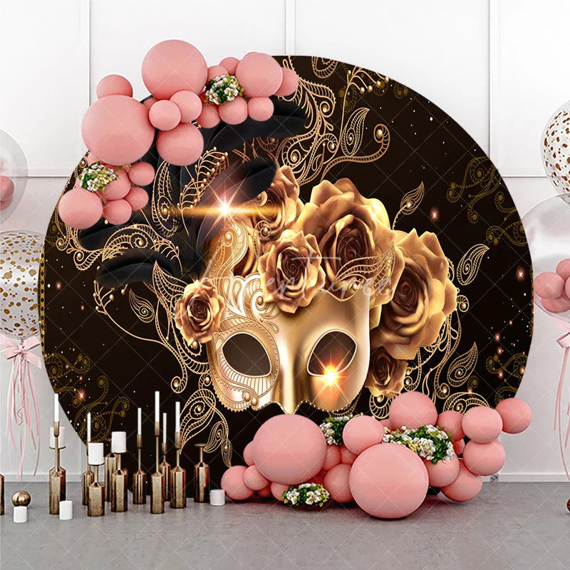 Aperturee - Aperturee Round Backdrop Black and Gold Masquerade Mask Vintage Roses Paisley Circle Cover