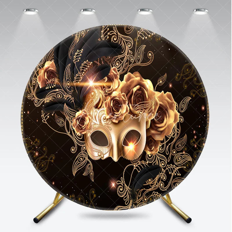 Aperturee - Aperturee Round Backdrop Black and Gold Masquerade Mask Vintage Roses Paisley Circle Cover