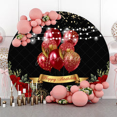 Aperturee - Aperturee Round Backdrop Black and Red Balloons Happy Birthday Red Roses Floral Circle Cover