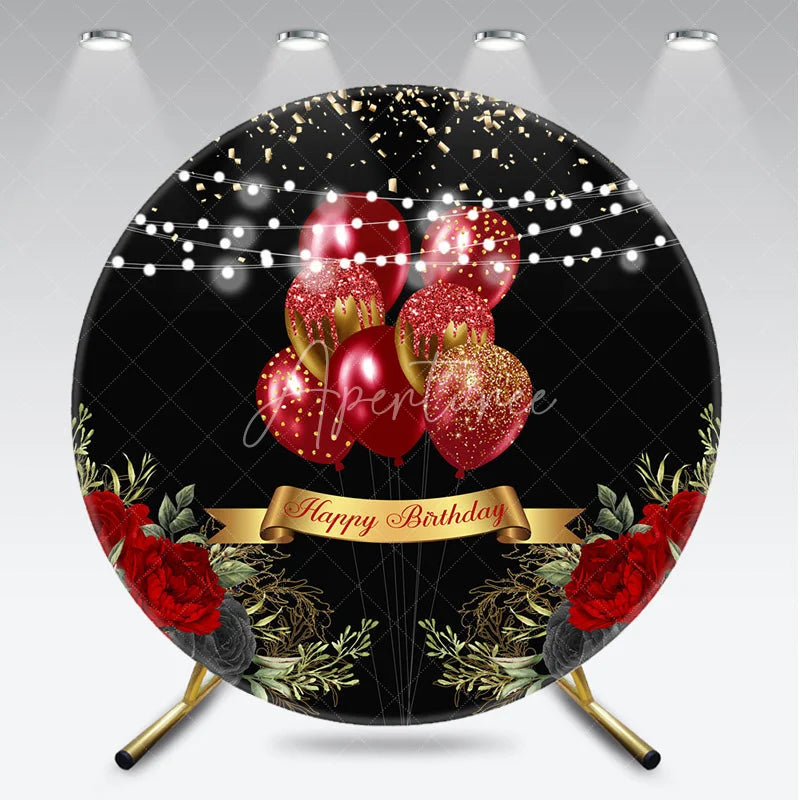 Aperturee - Aperturee Round Backdrop Black and Red Balloons Happy Birthday Red Roses Floral Circle Cover