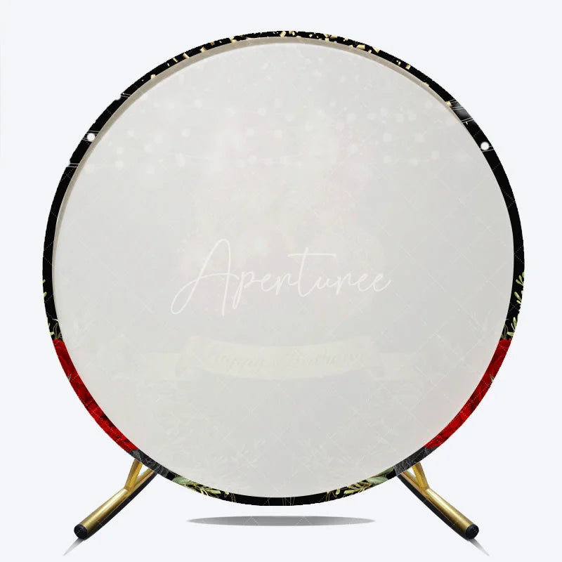 Aperturee - Aperturee Round Backdrop Black and Red Balloons Happy Birthday Red Roses Floral Circle Cover