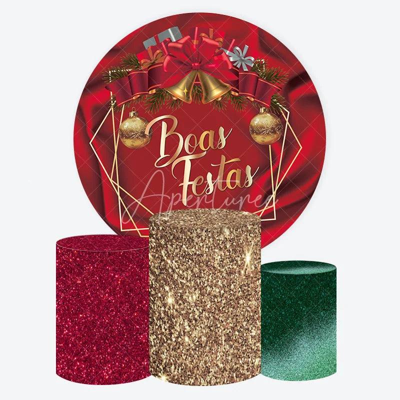 Aperturee - Aperturee Round Backdrop Boas Festas Red Satin Cover Gold Bells and Bow Circle Background Christmas Party Decoration