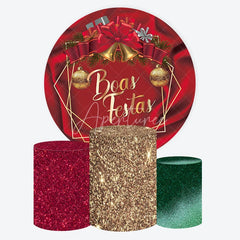 Aperturee - Aperturee Round Backdrop Boas Festas Red Satin Cover Gold Bells and Bow Circle Background Christmas Party Decoration