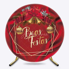 Aperturee - Aperturee Round Backdrop Boas Festas Red Satin Cover Gold Bells and Bow Circle Background Christmas Party Decoration