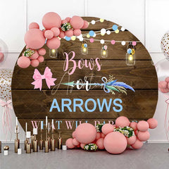 Aperturee - Aperturee Round Backdrop Bows or Arrows Rustic Wood and Mason Jars Gender Reveal Background What Will Baby Be Decor