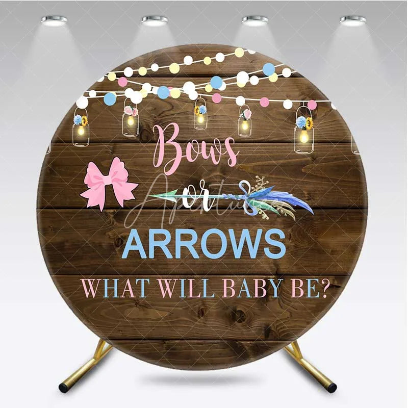 Aperturee - Aperturee Round Backdrop Bows or Arrows Rustic Wood and Mason Jars Gender Reveal Background What Will Baby Be Decor