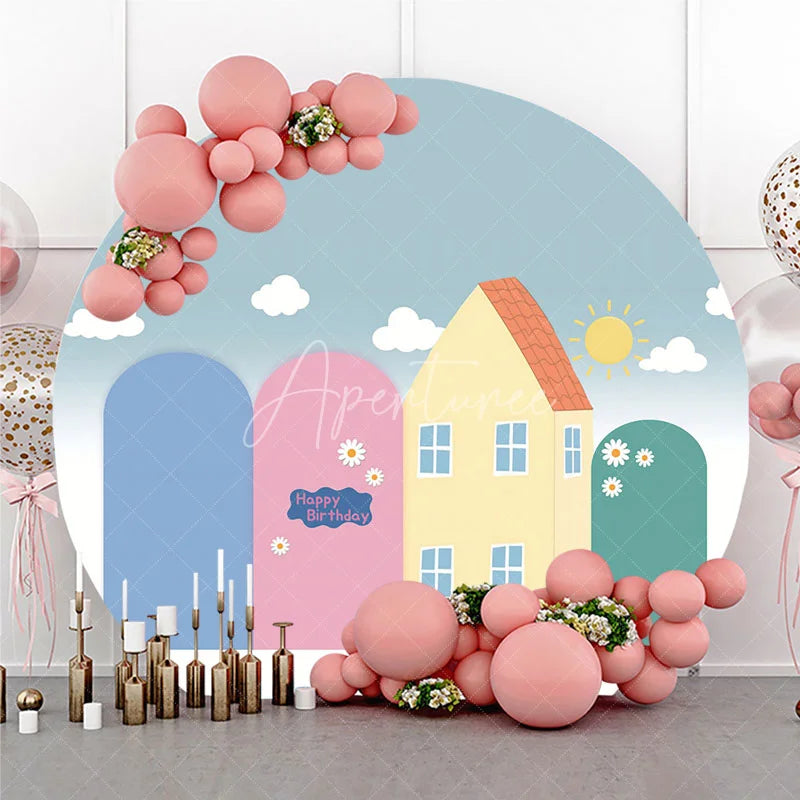Aperturee - Aperturee Round Backdrop Cartoon Town House Sun Cover Pastel Blue Pink Kids Circle Background Birthday Party Decoration