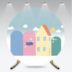Aperturee - Aperturee Round Backdrop Cartoon Town House Sun Cover Pastel Blue Pink Kids Circle Background Birthday Party Decoration
