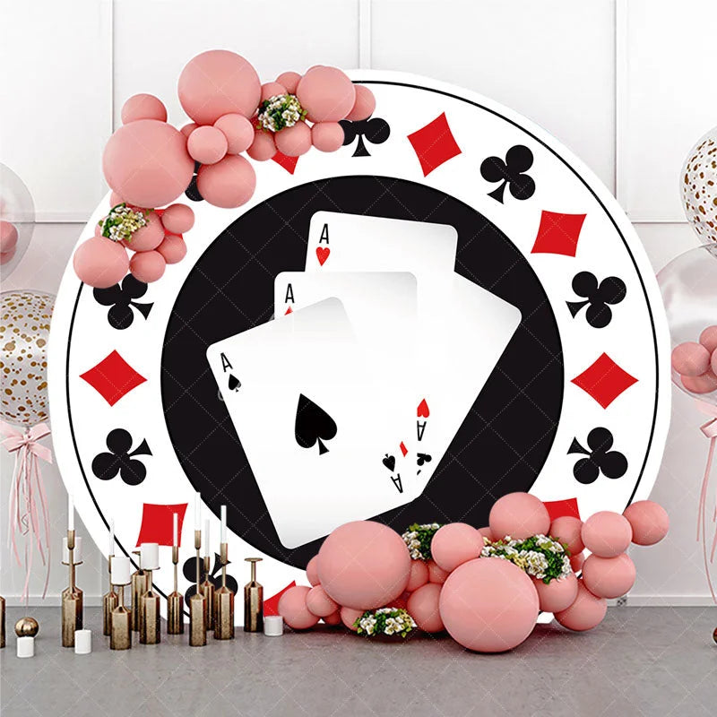 Aperturee - Aperturee Round Backdrop Casino Poker Chip Cover Las Vegas Aces Cards Circle Background Gambler Birthday Party Decoration