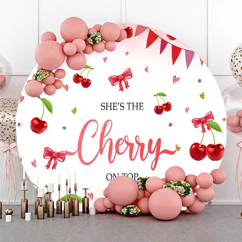 Aperturee - Aperturee Round Backdrop Cherry on Top Baby Shower Sweet Red Fruit Pink Bows Girl Circle Cover