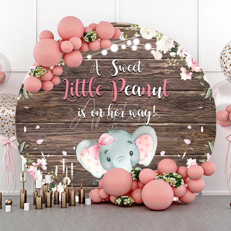 Aperturee - Aperturee Round Backdrop Elephant Baby Shower Pink Floral Wood Background A Sweet Little Peanut