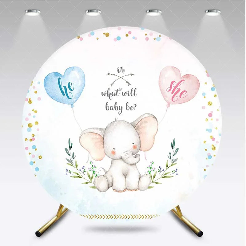 Aperturee - Aperturee Round Backdrop for Gender Reveal Cute Elephant and Pink Blue Heart Balloons What Will Baby Be Party Background