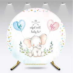 Aperturee - Aperturee Round Backdrop for Gender Reveal Cute Elephant and Pink Blue Heart Balloons What Will Baby Be Party Background