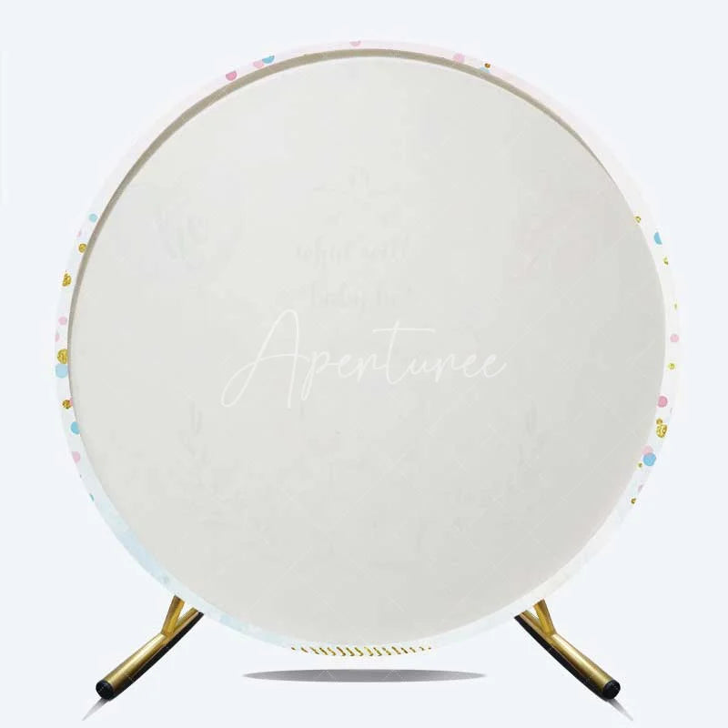 Aperturee - Aperturee Round Backdrop for Gender Reveal Cute Elephant and Pink Blue Heart Balloons What Will Baby Be Party Background