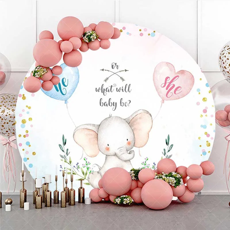 Aperturee - Aperturee Round Backdrop for Gender Reveal Cute Elephant and Pink Blue Heart Balloons What Will Baby Be Party Background