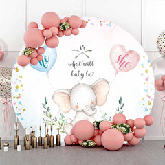 Aperturee - Aperturee Round Backdrop for Gender Reveal Cute Elephant and Pink Blue Heart Balloons What Will Baby Be Party Background