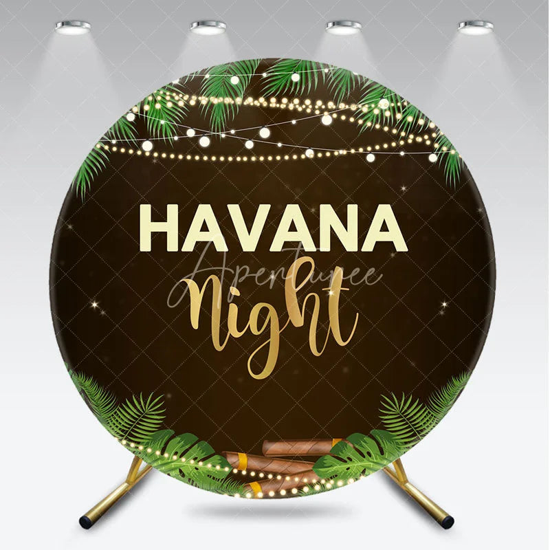 Aperturee - Aperturee Round Backdrop Havana Nights Tropical Leaves Cigar and String Lights Circle Background Cuban Theme Party Decoration