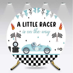 Aperturee - Aperturee Round Backdrop Little Racer Blue Race Car Checkered Flag Baby Shower Circle Cover