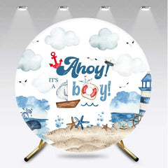 Aperturee - Aperturee Round Backdrop Nautical Ahoy Its A Boy Watercolor Lighthouse Whale Circle Cover