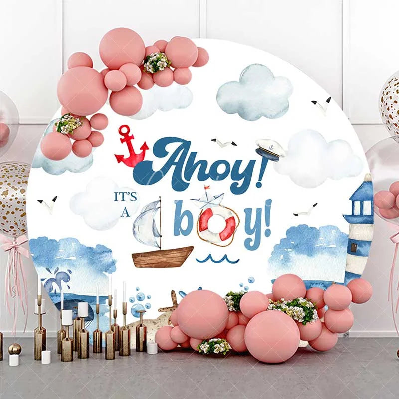 Aperturee - Aperturee Round Backdrop Nautical Ahoy Its A Boy Watercolor Lighthouse Whale Circle Cover