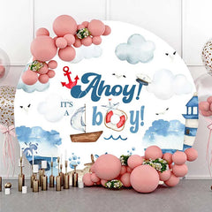 Aperturee - Aperturee Round Backdrop Nautical Ahoy Its A Boy Watercolor Lighthouse Whale Circle Cover