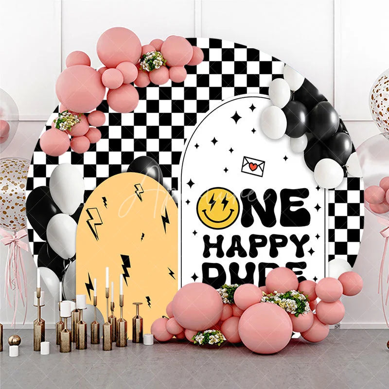 Aperturee - Aperturee Round Backdrop One Happy Dude First Birthday Black White Checkerboard Smiley Face Circle Background Boy Party Prop