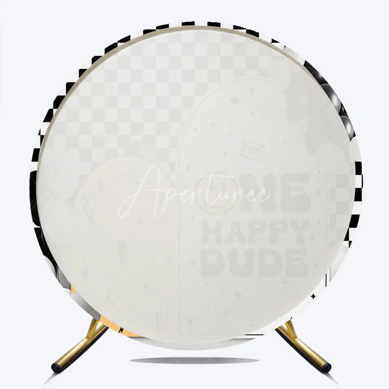 Aperturee - Aperturee Round Backdrop One Happy Dude First Birthday Black White Checkerboard Smiley Face Circle Background Boy Party Prop
