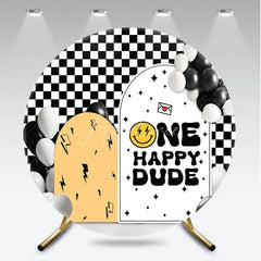 Aperturee - Aperturee Round Backdrop One Happy Dude First Birthday Black White Checkerboard Smiley Face Circle Background Boy Party Prop