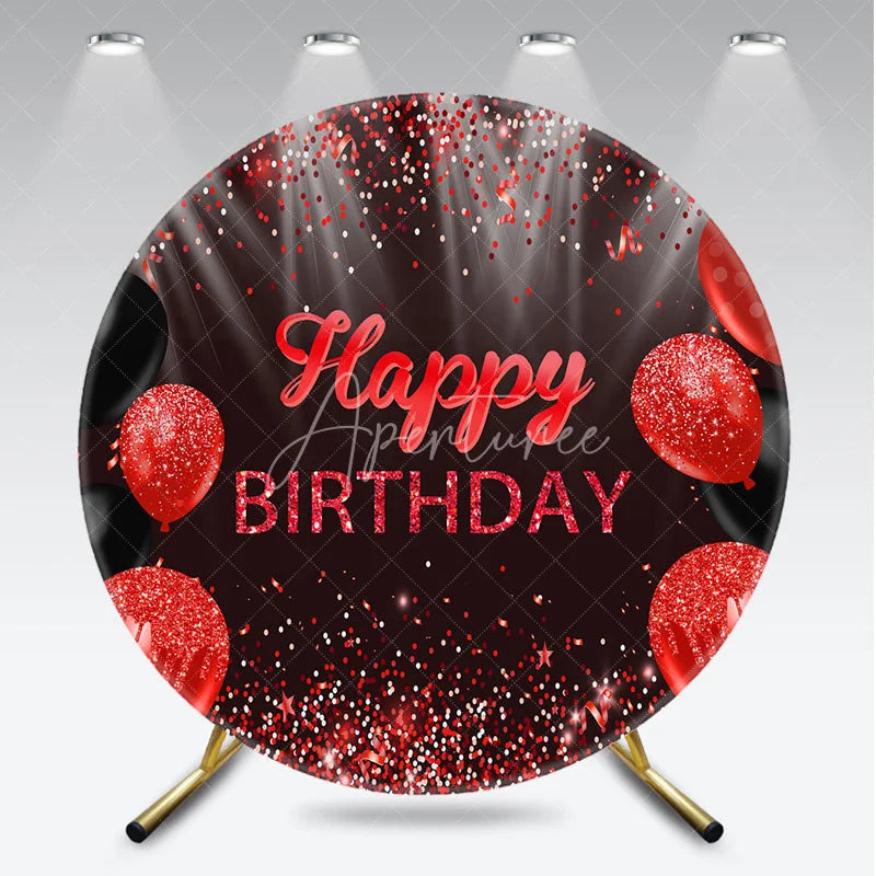 Aperturee - Aperturee Round Backdrop Red and Black Glitter Happy Birthday Sparkling Balloons Party Decor