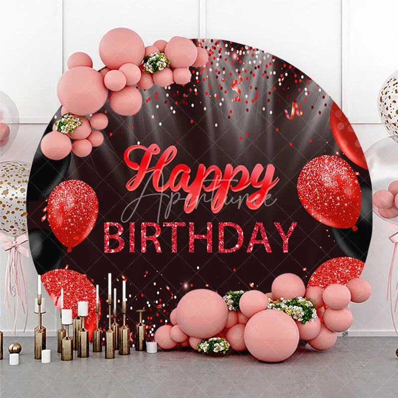 Aperturee - Aperturee Round Backdrop Red and Black Glitter Happy Birthday Sparkling Balloons Party Decor