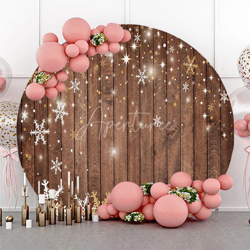 Aperturee - Aperturee Round Backdrop Rustic Wood Winter Snow White Snowflake Stars Circle Background Christmas Holiday Party Decoration