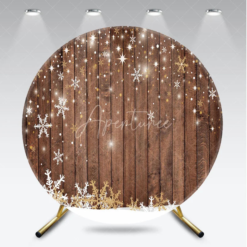 Aperturee - Aperturee Round Backdrop Rustic Wood Winter Snow White Snowflake Stars Circle Background Christmas Holiday Party Decoration