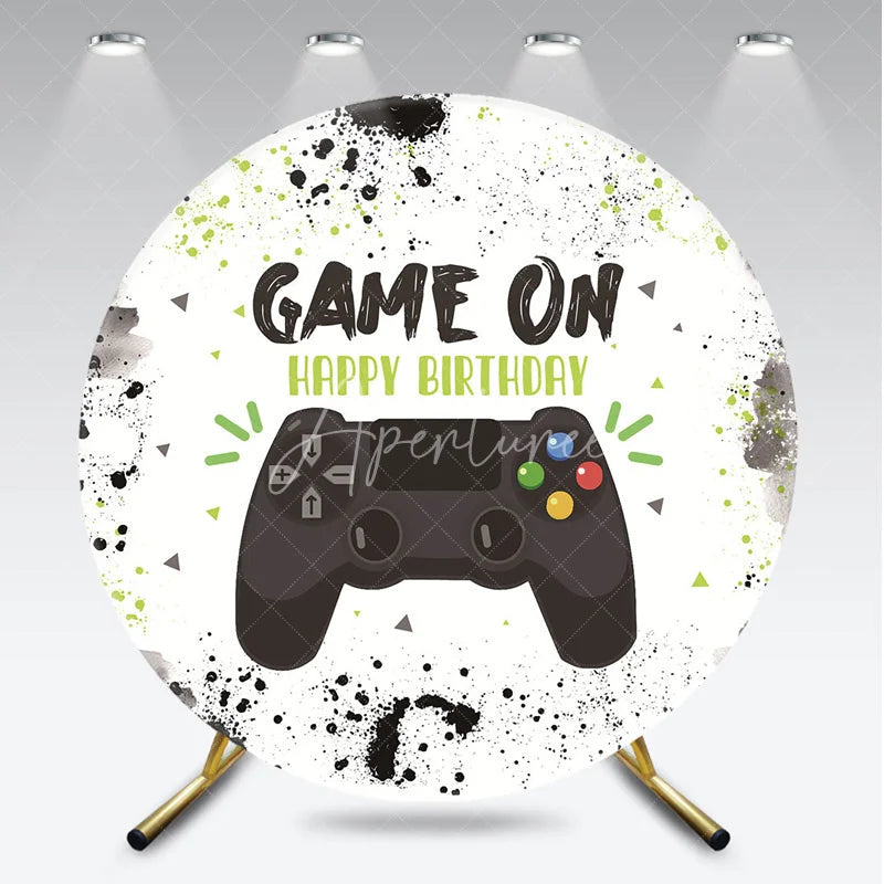 Aperturee - Aperturee Round Backdrop Video Game Controller Happy Birthday Green Paint Splatter Gamer Circle Cover