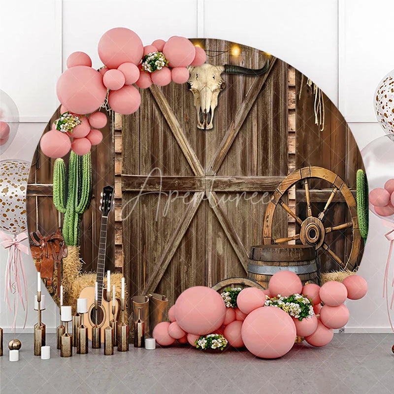 Aperturee - Aperturee Round Backdrop Western Cowboy Barn Door Cover Rustic Wood Bull Skull Circle Background Wild West Party Decoration