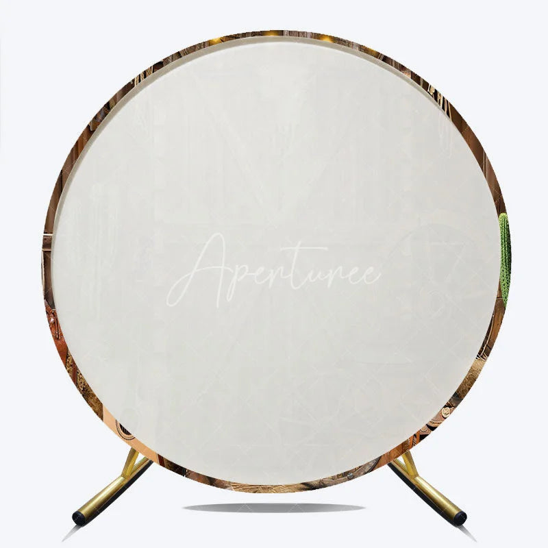 Aperturee - Aperturee Round Backdrop Western Cowboy Barn Door Cover Rustic Wood Bull Skull Circle Background Wild West Party Decoration