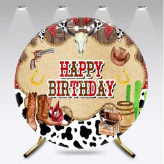 Aperturee - Aperturee Round Backdrop Western Cowboy Rustic Wood Boots and Skull Birthday Circle Cover