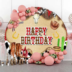 Aperturee - Aperturee Round Backdrop Western Cowboy Rustic Wood Boots and Skull Birthday Circle Cover
