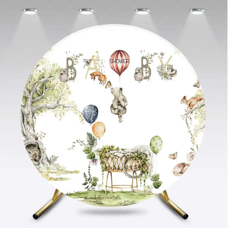 Aperturee - Aperturee Round Backdrop Woodland Bear Watercolor Animals Baby Shower Circle Cover Decoration