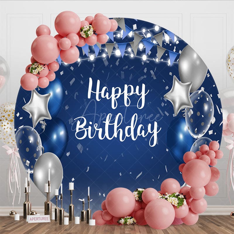 Aperturee - Aperturee Round Balloon And Ribbons Glitter Birthday Backdrop