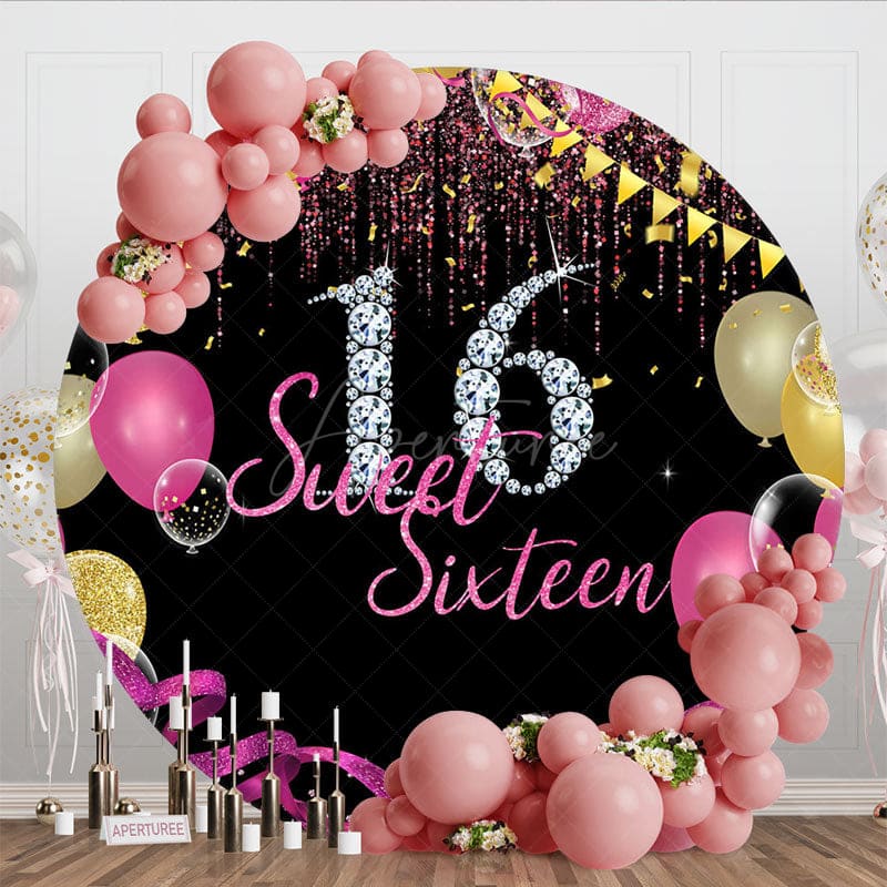 Aperturee - Aperturee Round Balloon Glitter Sweet 16 Birthday Backdrop
