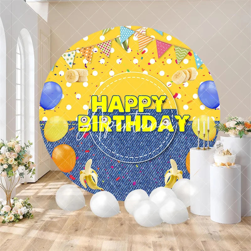 Aperturee - Aperturee Round Big Eyes Cartoon Birthday Backdrop Yellow Denim Jeans Theme with Bananas Confetti Bunting Flags for Kids Party