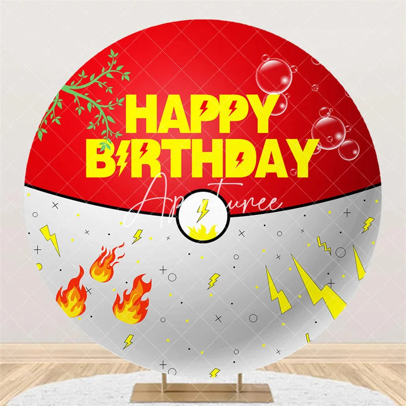 Aperturee - Aperturee Round Birthday Backdrop Red and White Adventure Ball Design Lightning Flames Leaves and Bubbles