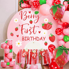 Aperturee - Aperturee Round Floral Berry First Birthday Soft Pink Backdrop