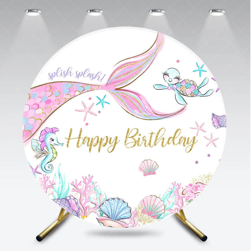 Aperturee - Aperturee Round Mermaid Birthday Backdrop Underwater Sea Life Party Supplies for Girls Birthday