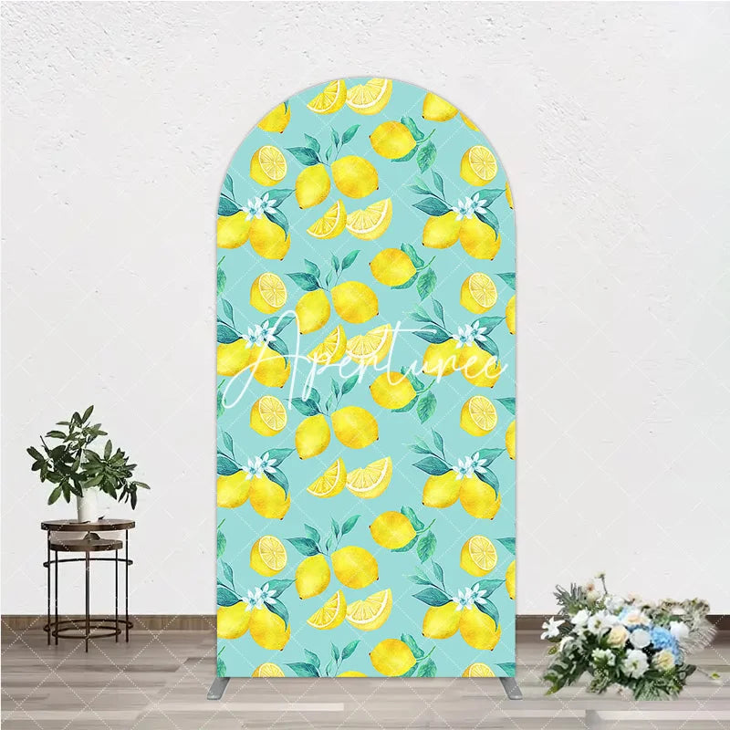 Aperturee - Aperturee Round Top Arch Backdrop with Vibrant Watercolor Lemon and Green Leaf Fresh Summer Party Decor