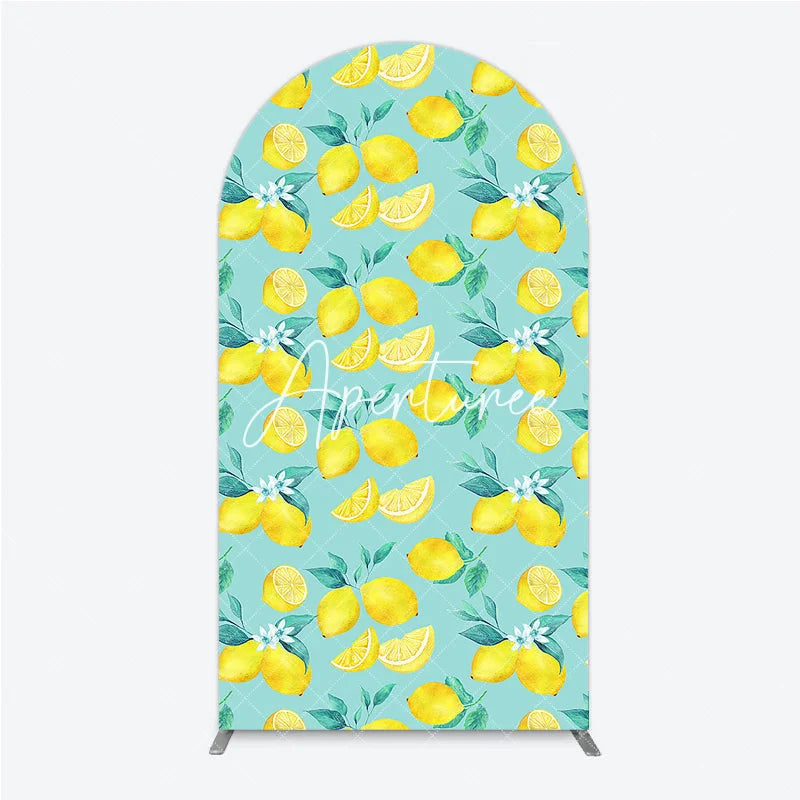 Aperturee - Aperturee Round Top Arch Backdrop with Vibrant Watercolor Lemon and Green Leaf Fresh Summer Party Decor